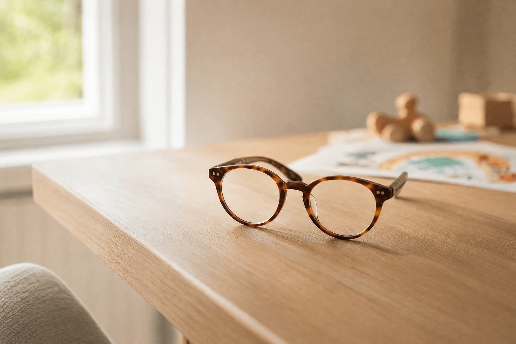 Kinderbrille auf einem hellen Holztisch am Fenster