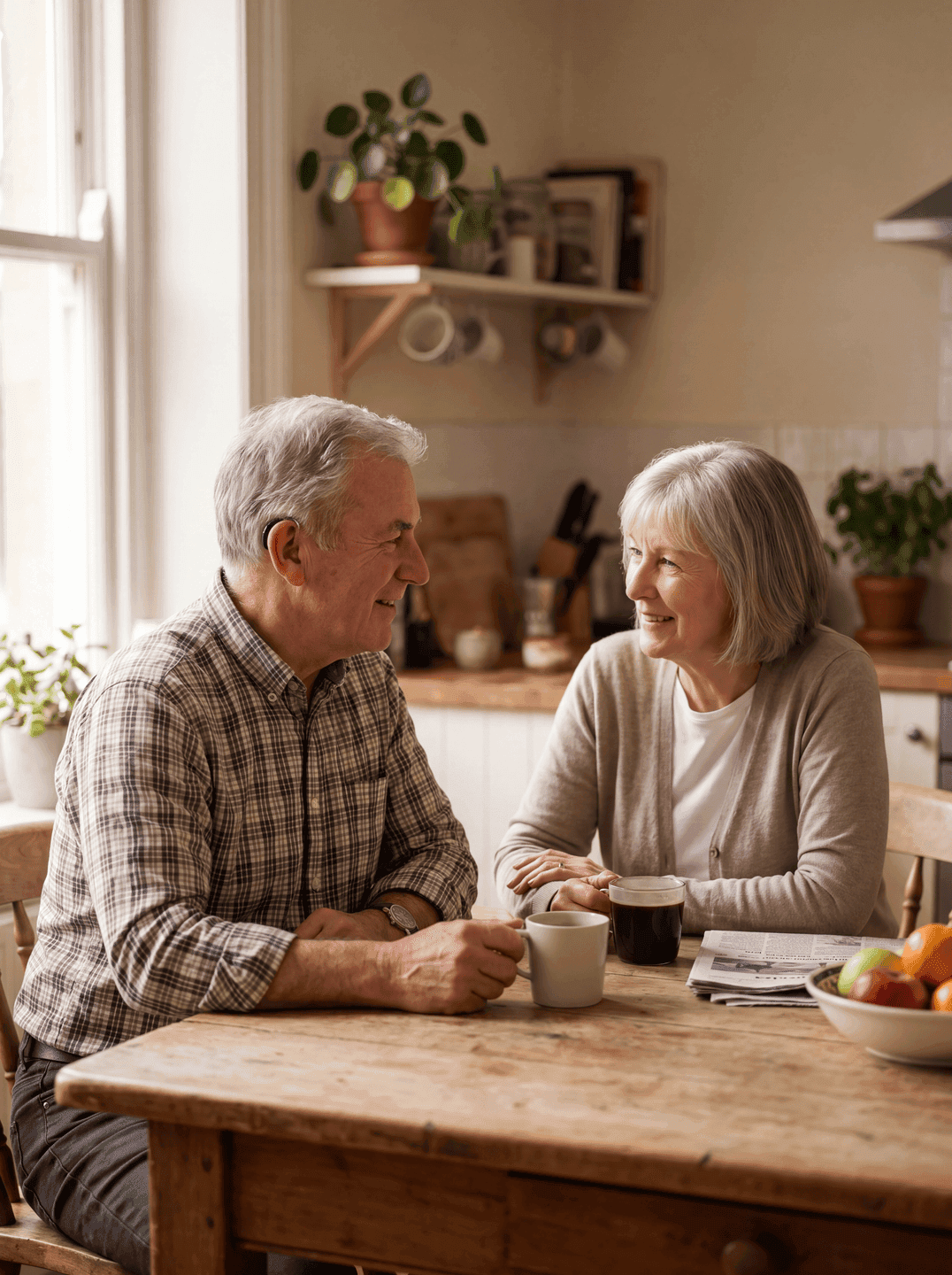 Älteres Paar im Gespräch am Küchentisch, entspannt und lebensnah